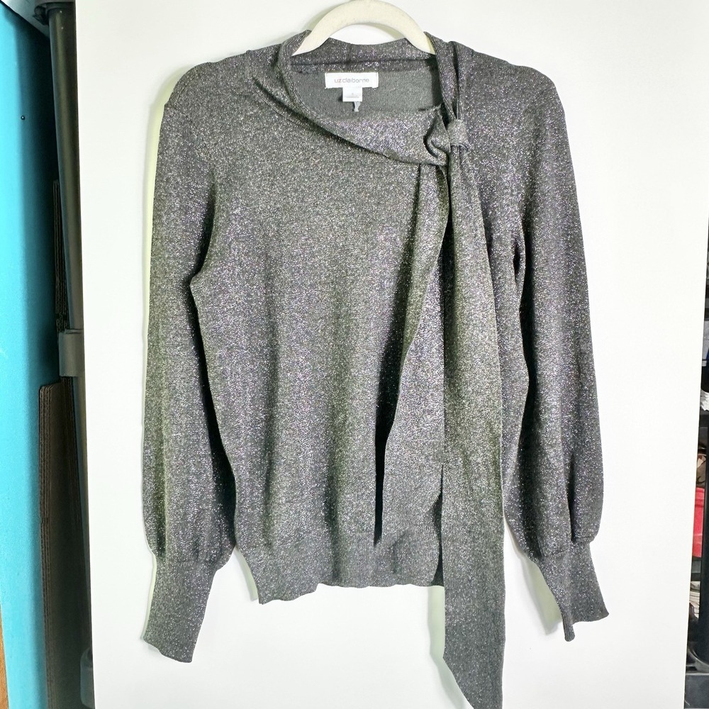 Liz Claiborne Womens Sz S Charcoal Metallic Tie Neck Sweater NWT Shimmer Holiday